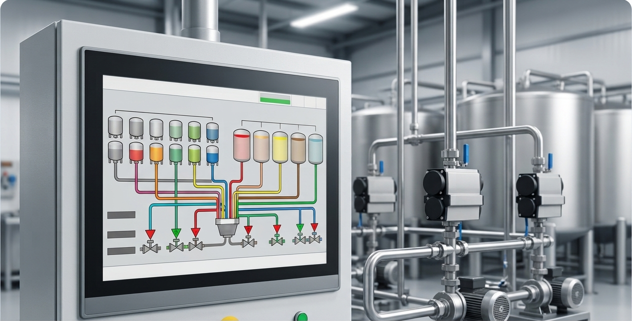 HMI paneli ekranında avtomatik xammal paylama sisteminin mürəkkəb SCADA mnemosxemi.